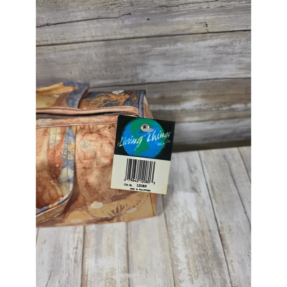 Living Things Co Abstract Floral Batik Canvas Barrel Travel Bag‎ Orange Blue NWT